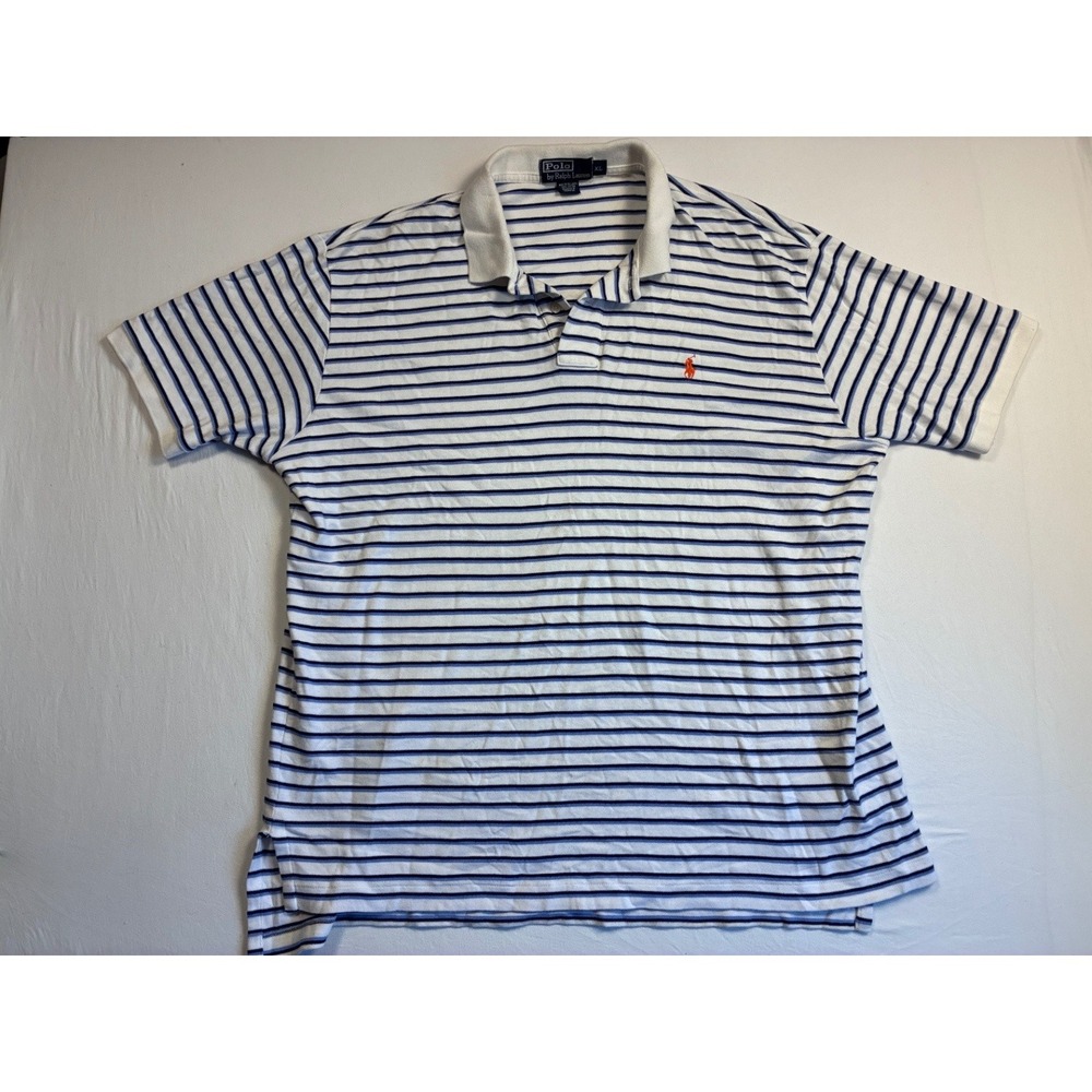 Polo Ralph Lauren Mens XL Striped Polo Shirt White Navy Blue Orange Pony